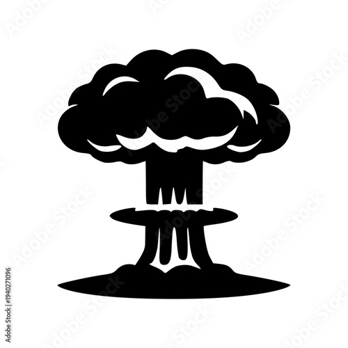 Minimal monochrome mushroom cloud icon representing nuclear explosion, atomic bomb blast and catastrophic warfare disaster concept.