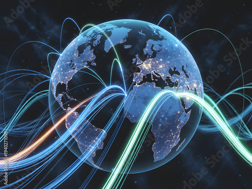 Global Network of Connectivity: A vibrant visualization showcasing the interconnectedness of our world through a dynamic network of data streams and flowing lines.
