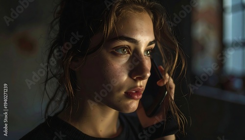 Intense Focus - Woman Engaged in Serious Phone Conversation.