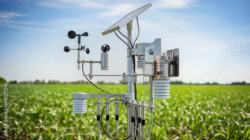 Advanced solar-powered agricultural weather station precisely monitoring environmental conditions in lush green crop field under bright blue sky