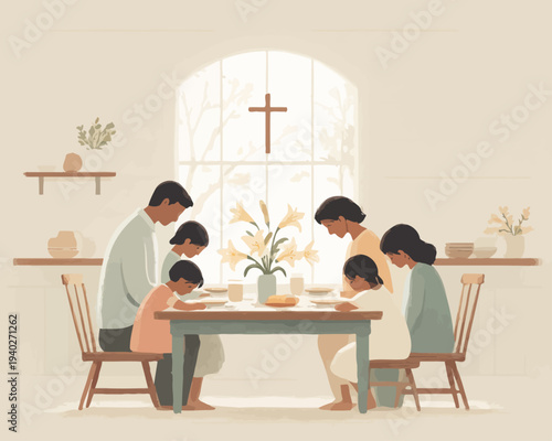 Christian family gathered in prayer around a simple Easter meal with lilies and a glowing cross in the window