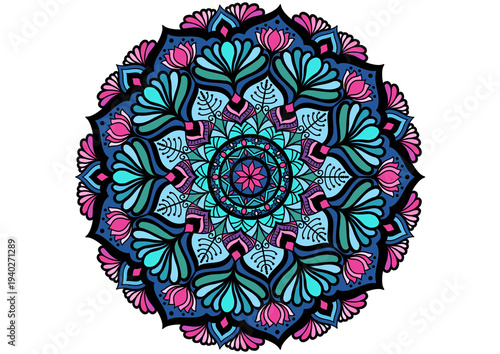 Colorful Boho Floral Mandala Decorative Ornament Circle Pattern in Turquoise Blue and Pink for Yoga and Meditation Artwork and Decorative Design