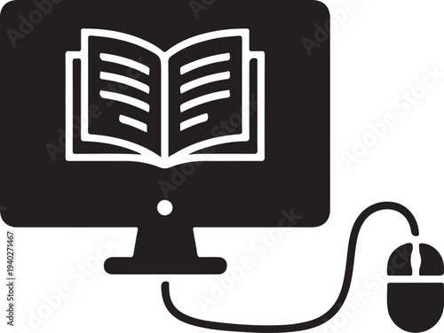 A computer monitor with an open book on the screen