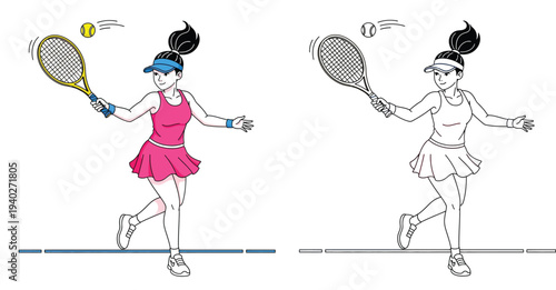 Female tennis player hitting ball with racket, vector illustration featuring colorful flat design and black and white line art version for coloring book