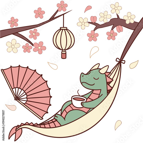 Cute Peaceful Dragon, accessorized with in a hammock, in a Cherry Blossom Festival world – Sakura Breeze palette vector