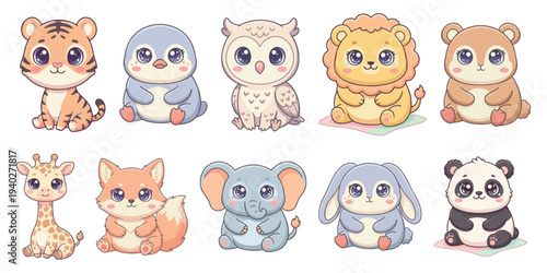 Adorable collection of ten cute baby animals with big eyes, including a tiger, penguin, owl, lion, bear, giraffe, fox, elephant, bunny, and panda, all sitting on a white background.
