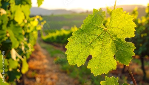 Vineyard leaf in focus with rows of vines in background.