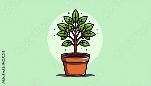 A potted plant with green leaves and brown pot on light green