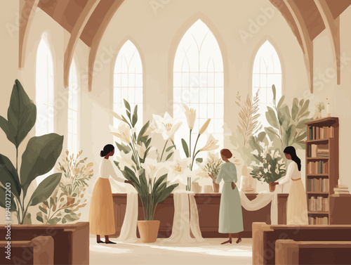Women arranging white lilies and draped cloth inside a sunlit church sanctuary for Easter Sunday, surrounded by soft floral decor and serene spring light