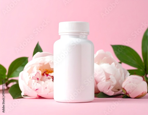 White Pill Bottle with Peonies on Pink Background - Health and Wellness.
