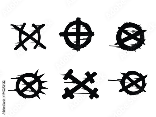 Collection of six unique black symbols with crosses on white background