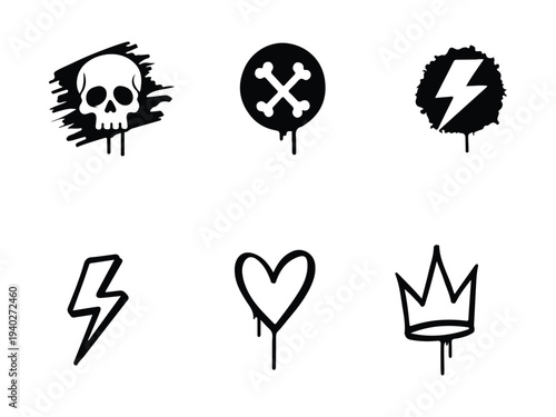 Collection of six black and white graffiti style tattoo icons