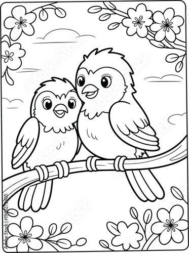 Kawaii birds on branch with flowers coloring page for kids cute spring nature cad drawing flat vector illustration