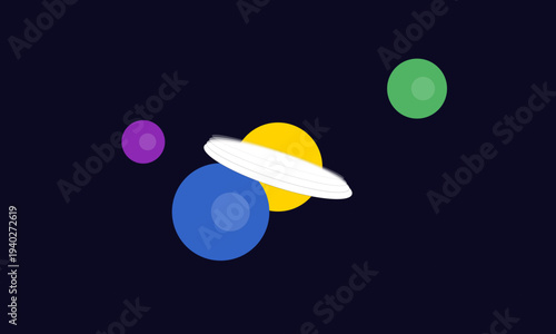 Minimalist Flat Design Space Illustration with Colorful Planets and Saturn on Dark Blue Galaxy Background.