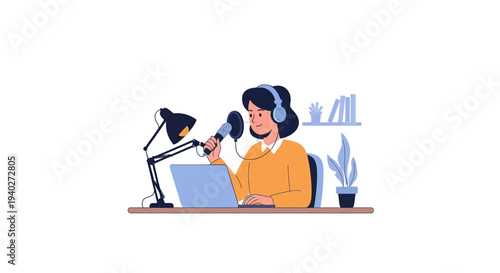 Woman recording podcast with microphone and headphones at desk with laptop