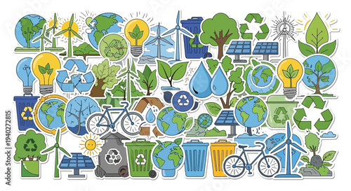 Vibrant Ecology Themed Stickers Featuring Earth, Renewable Energy, and Sustainable Practices