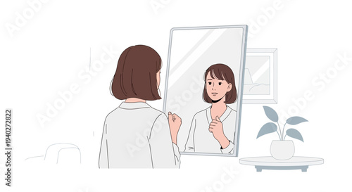 Woman admiring her reflection with confidence and a smile in a mirror, a moment of self-appreciation.