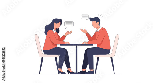 Two people engaged in conversation across a table, sharing ideas and communicating through speech bubbles