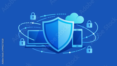 Cybersecurity protection with digital shield and secure network devices, flat vector illustration