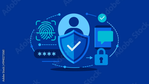 Two factor authentication and identity protection with user shield, flat vector illustration
