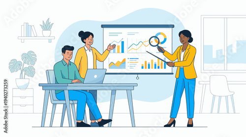 Diverse team collaborating in modern office, analyzing data on digital screen with enthusiasm