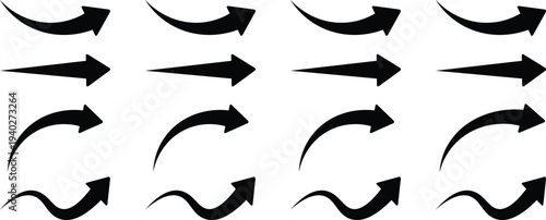 Curved arrow set, Various symbols hand draw arrow, Set long black curve arrow icon vector. Collection of black arrow icons pointing in various directions, Arrow. Cursor. Modern simple arrows. 