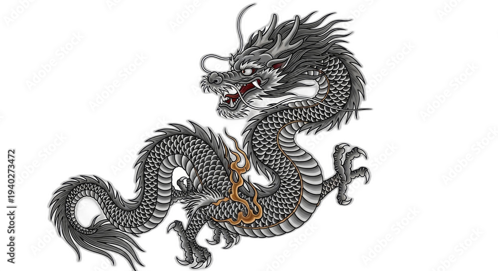 Fototapeta premium Majestic gray dragon with fiery spirit and sharp claws