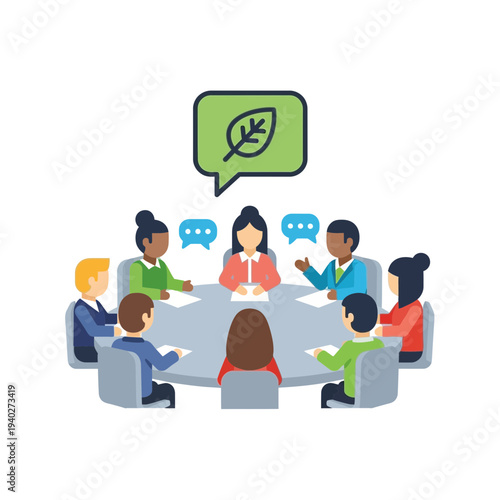 Group of diverse people having a discussion about environmental sustainability.