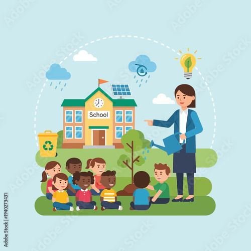Teacher watering a young tree outside a school with children sitting nearby.