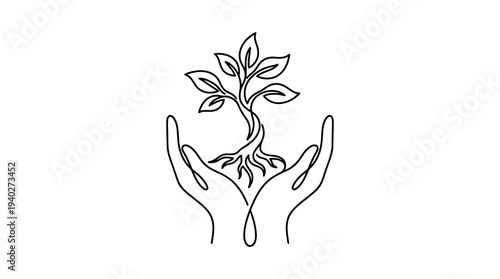 Single Continuous Line Cupped Hands Holding Growing Tree Minimal Sustainability Vector Illustration
