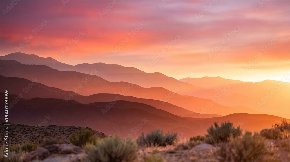 Naklejka premium Vibrant Sunset Over Layered Mountain Ranges with Hazy Orange and Purple Sky Landscape