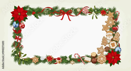 Festive Holiday Frame: A beautifully crafted holiday frame adorned with seasonal ornaments, vibrant poinsettias, charming gingerbread cookies, and delicate evergreen boughs.