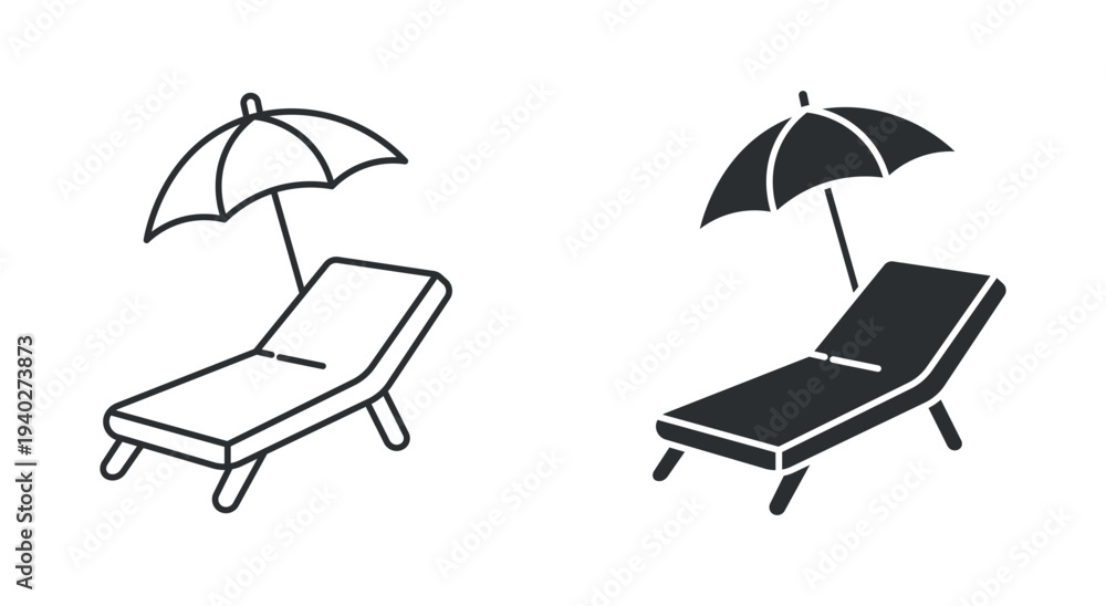 Fototapeta premium Beach lounge chair with umbrella icon set, sunbed deck chair for summer vacation relaxation, in outline and solid silhouette style. Vector illustration.