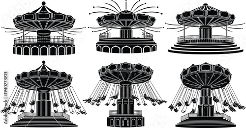 Amusement park swing carousel ride silhouettes set, vintage fairground chair swing attraction illustration for carnival festival entertainment design