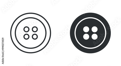 Sewing button icon set, four hole clothing button symbol for tailoring and fashion, in outline and solid silhouette style. Vector illustration.