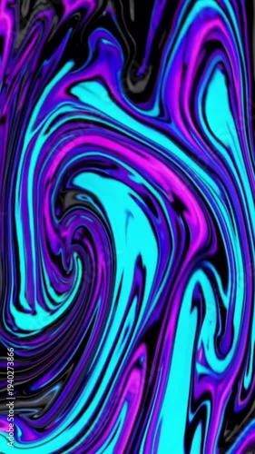 Vivid purple and cyan fluid ink swirls against a deep black backdrop creating a mesmerizing abstract digital marble effect background.