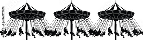 Amusement park swing carousel ride silhouettes, carnival chair swing attraction with people enjoying fairground entertainment illustration design