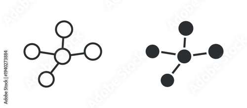 Molecule structure icon set, chemical molecular network science symbol, in outline and solid silhouette style. Vector illustration.