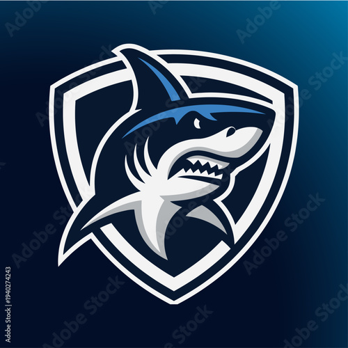 A ferocious shark emblem, a symbol of power and dominance, poised within a shield, conveying strength and resilience, perfect for sports teams, branding, and dynamic designs.