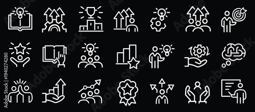 Upskilling coaching, career development, icons pack. Line signs skill grow, learning teamwork and growth progression training. Thin vector icons set for web and app outline editable stroke. 