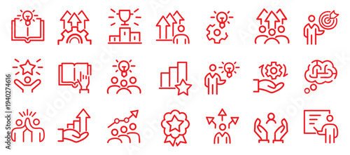 Upskilling coaching, career development, icons pack. Line signs skill grow, learning teamwork and growth progression training. Thin vector icons set for web and app outline editable stroke. 
