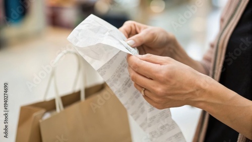 A person holding and examining a long shopping receipt with brown paper bags in the background, indicating a recent purchase or shopping activity.
