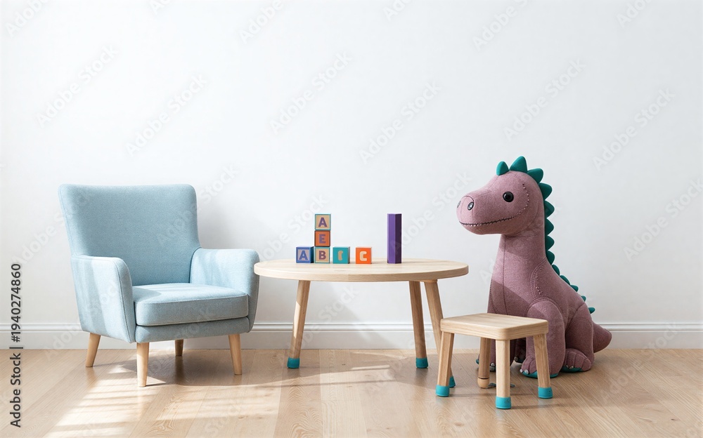 Fototapeta premium Cozy child's room with plush chair wooden table blocks and a friendly