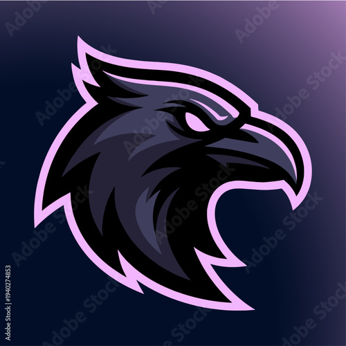 A bold and dynamic depiction of a raven's head in profile, radiating strength, intelligence, and a hint of mystery against a gradient backdrop.