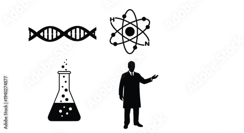 A scientist stands near a beaker with DNA and atomic symbols nearby