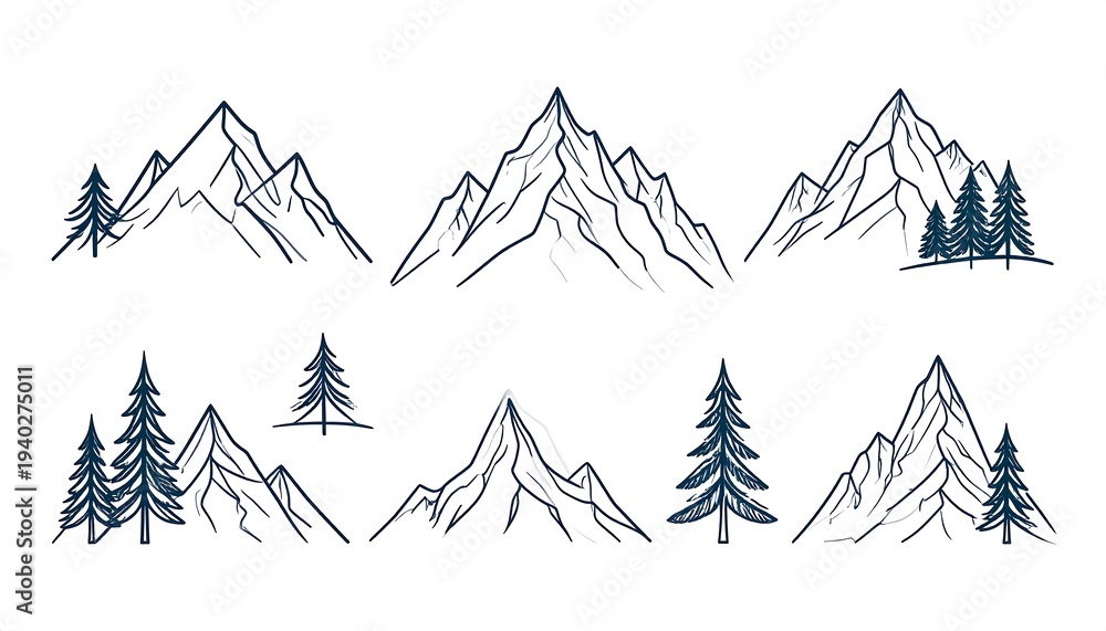 Obraz premium Hand-Drawn Mountain Range Illustrations with Pine Trees.