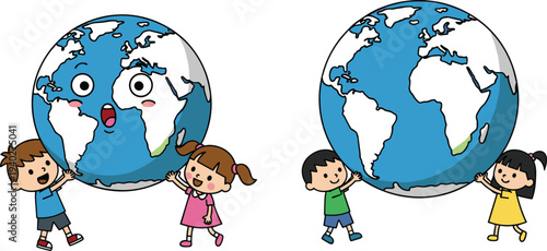 Children holding earth globe illustration, happy kids protecting planet concept, world environment awareness cartoon for education and sustainability
