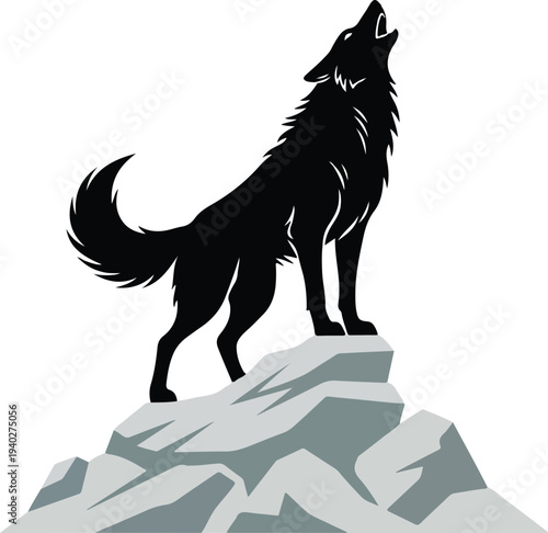 A black wolf standing on top of a mountain and howling