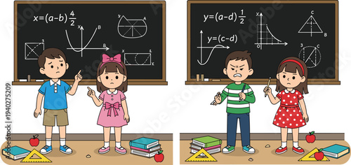 Children solving math problems on classroom blackboard cartoon illustration, students learning algebra and geometry education concept at school