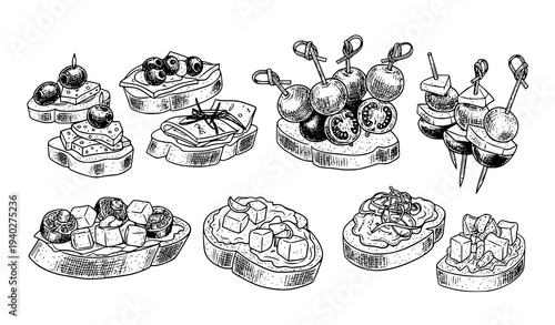 Canapé and tapas finger food sketch vector collection with skewers olives cheese and mini sandwiches